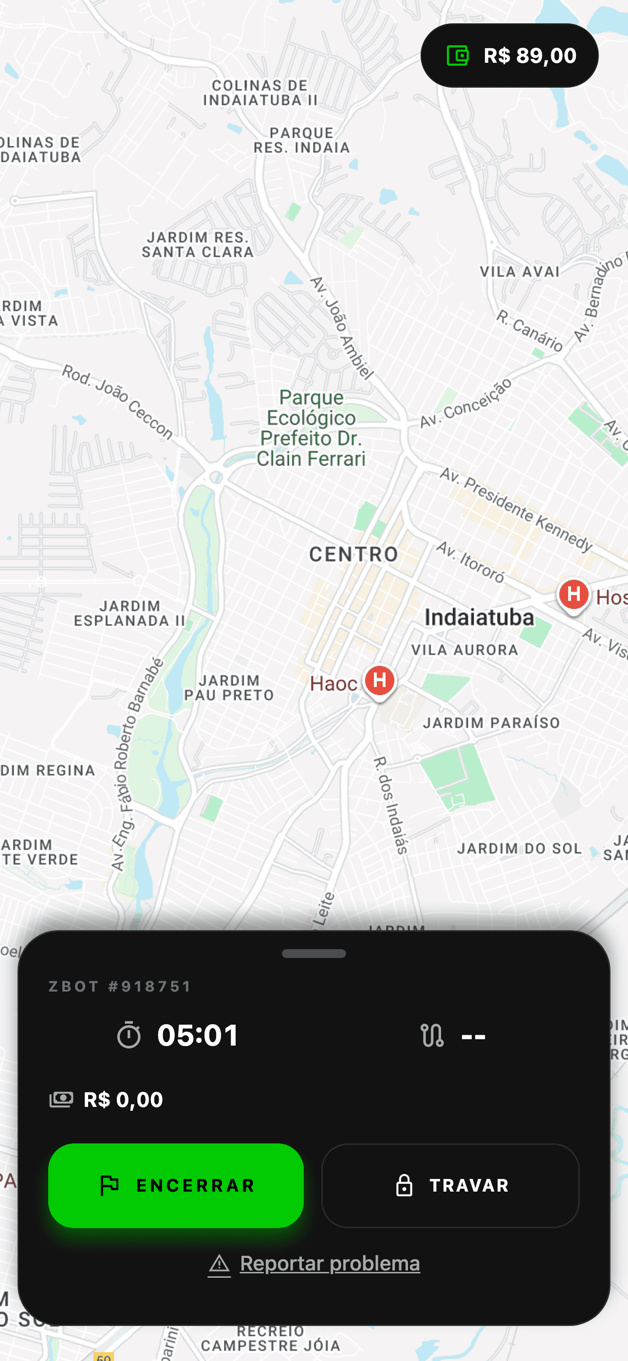 Tela de corrida em andamento no app Rizzo